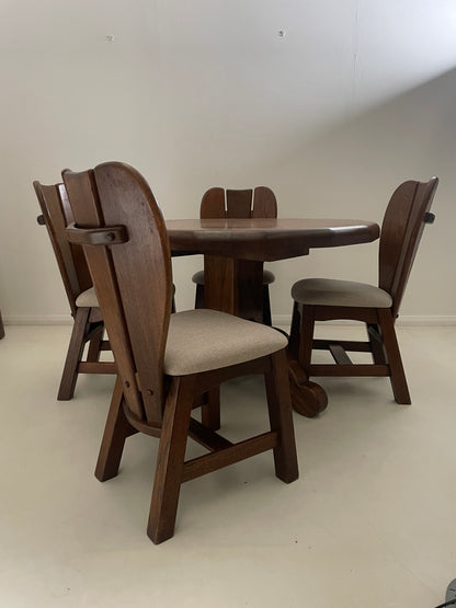 BRUTALIST 1970s BELGIUM OAK DINING TABLE & 4 CHAIRS