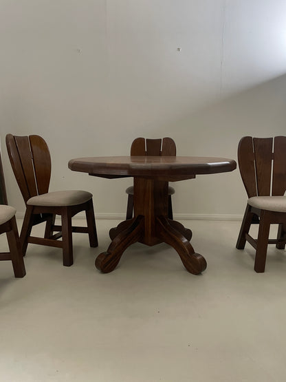 BRUTALIST 1970s BELGIUM OAK DINING TABLE & 4 CHAIRS
