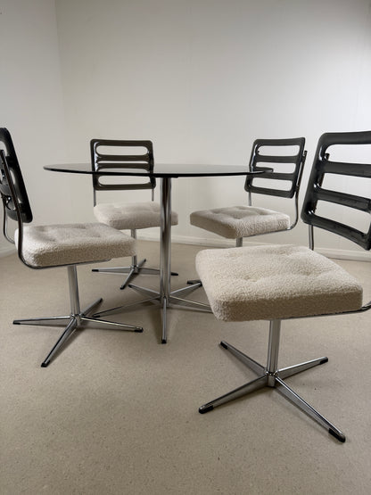 1970s RETRO GLASS TABLE & SWIVEL CHAIRS