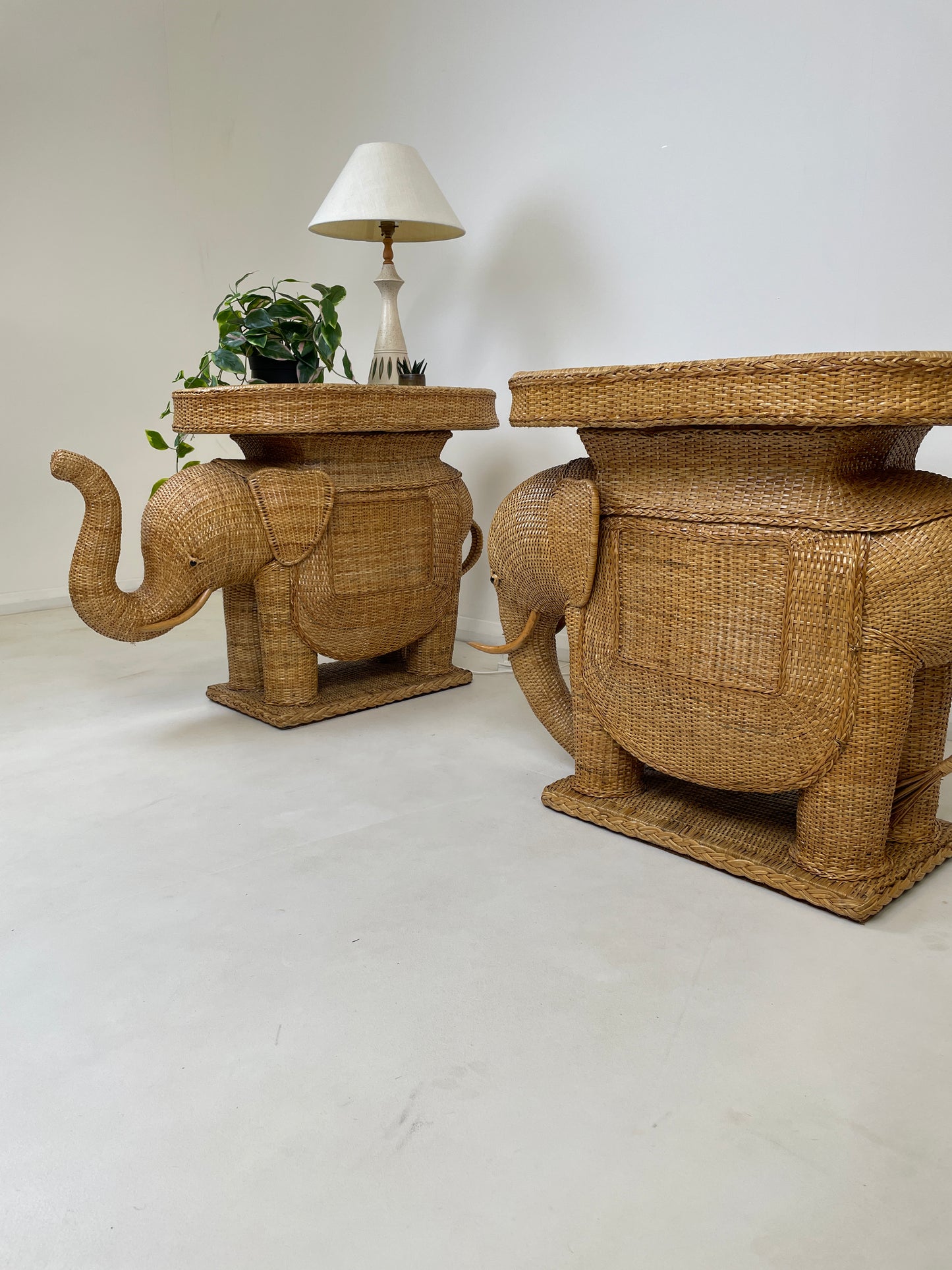 VINTAGE ELEPHANT WICKER SIDE TABLES X 2