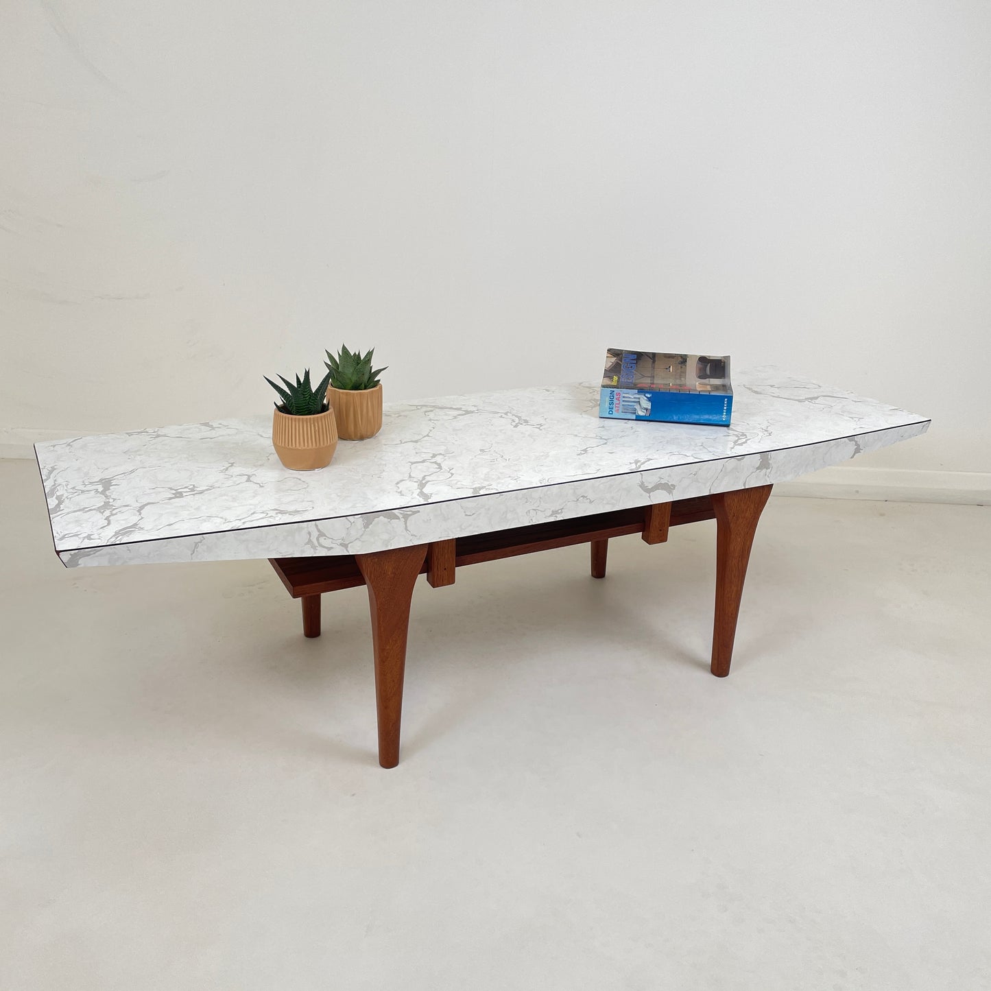 VINTAGE TEAK AND MARBLE EFFECT FORMICA COFFEE TABLE