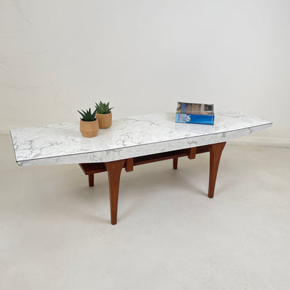 VINTAGE TEAK AND MARBLE EFFECT FORMICA COFFEE TABLE