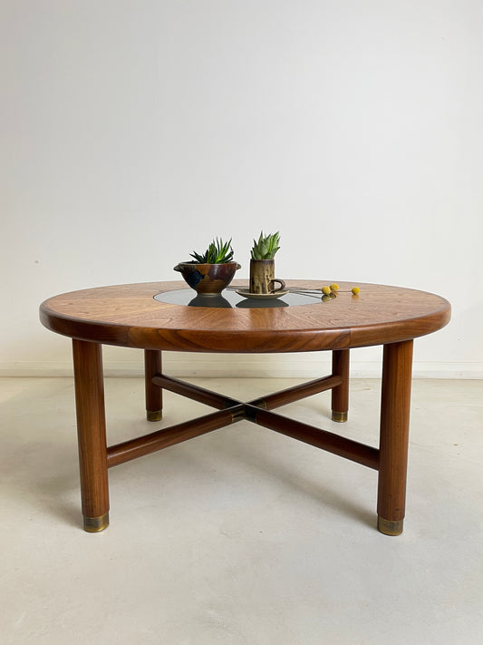 GPLAN SUNBURST ROUND TEAK AND GLASS COFFEE TABLE