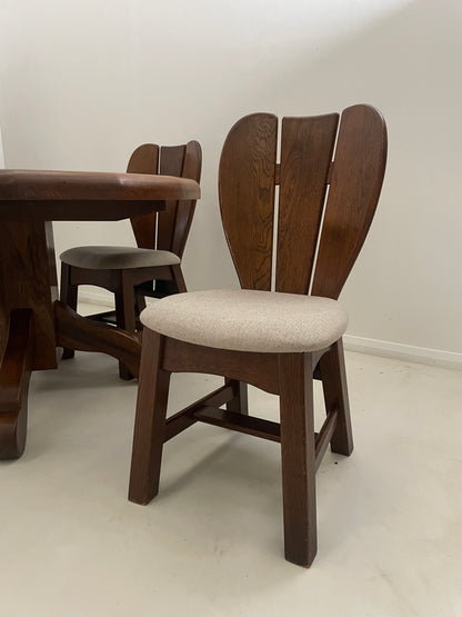 BRUTALIST 1970s BELGIUM OAK DINING TABLE & 4 CHAIRS