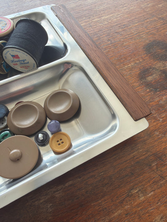 VINTAGE STAINLESS STEEL & WOOD SERVING TRAY