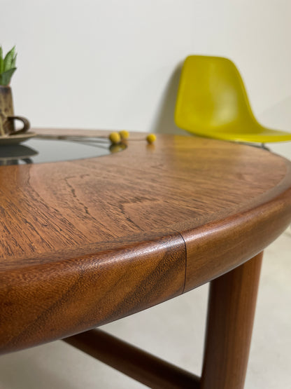 GPLAN SUNBURST ROUND TEAK AND GLASS COFFEE TABLE