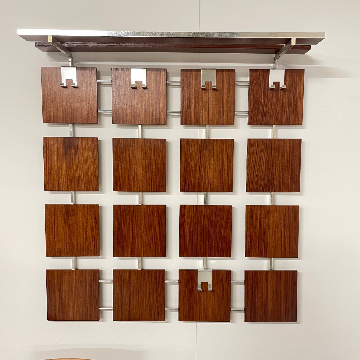 VINTAGE TEAK & CHROME WALL MOUNTED COAT RACK