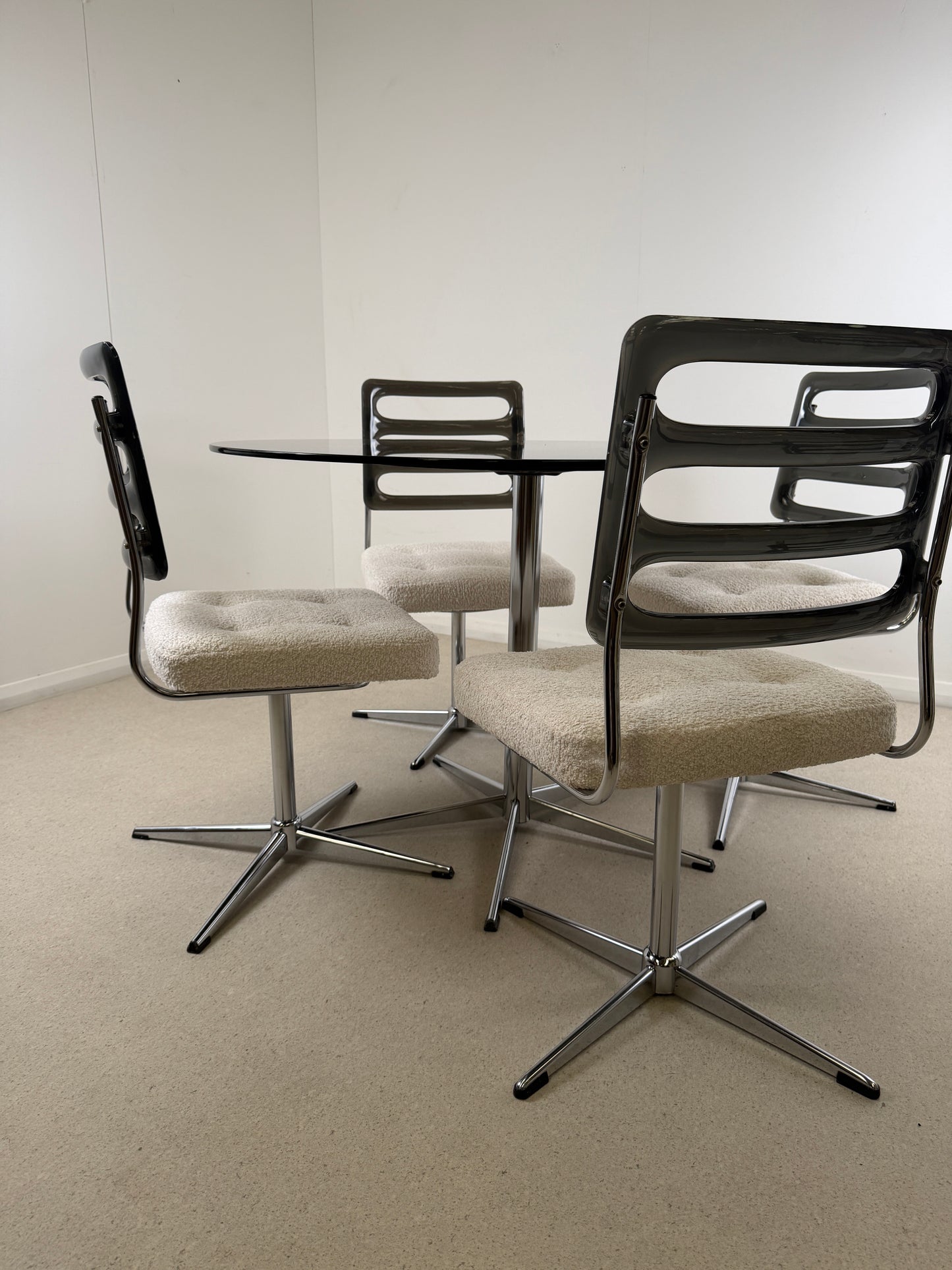 1970s RETRO GLASS TABLE & SWIVEL CHAIRS