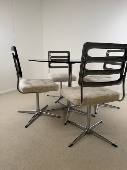 1970s RETRO GLASS TABLE & SWIVEL CHAIRS