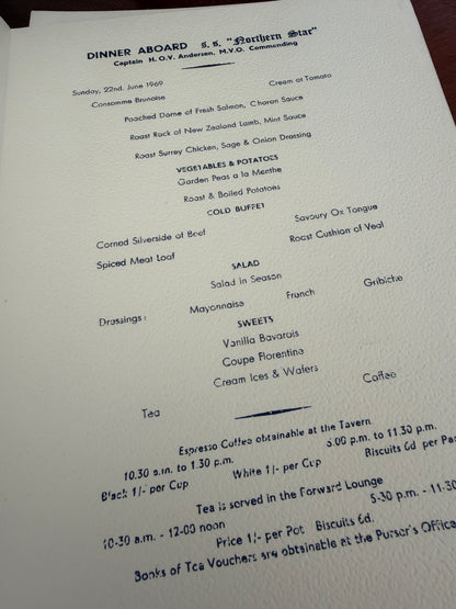 VINTAGE 60S MENUS FROM A CRUISE SHIP