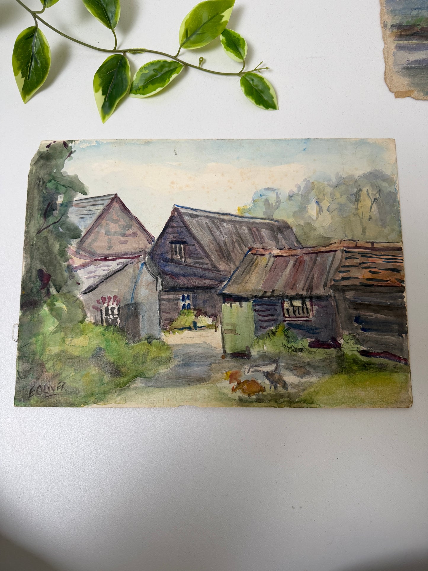 VINTAGE WATERCOLOUR PAINTING OF FARMYARD BARNS