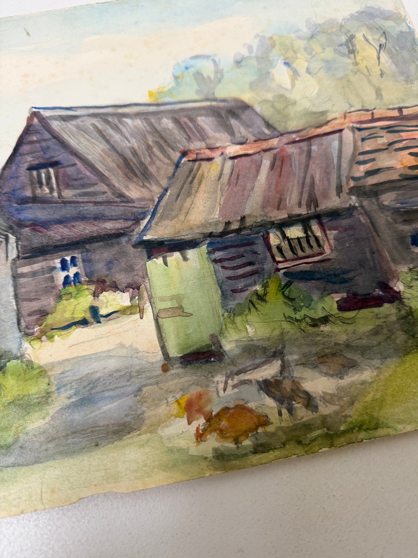 VINTAGE WATERCOLOUR PAINTING OF FARMYARD BARNS