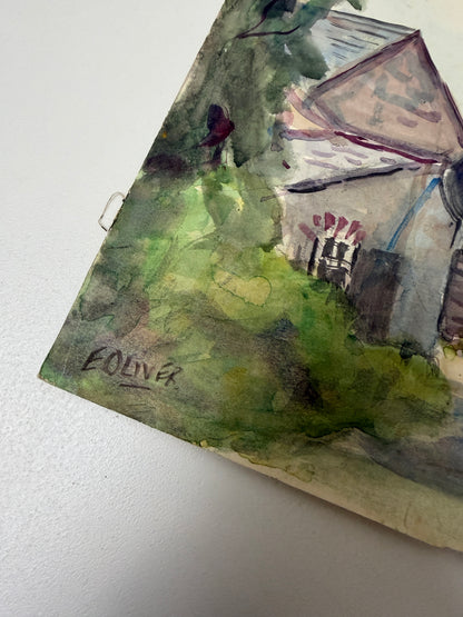 VINTAGE WATERCOLOUR PAINTING OF FARMYARD BARNS