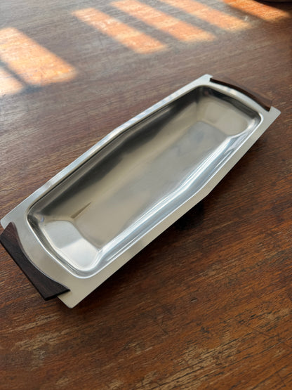 VINTAGE DANISH STAINLESS STEEL & WOOD SERVING TRAY