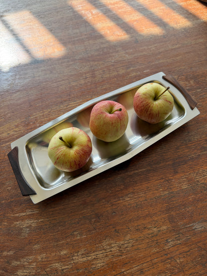 VINTAGE DANISH STAINLESS STEEL & WOOD SERVING TRAY