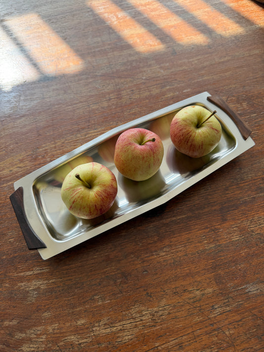 VINTAGE DANISH STAINLESS STEEL & WOOD SERVING TRAY