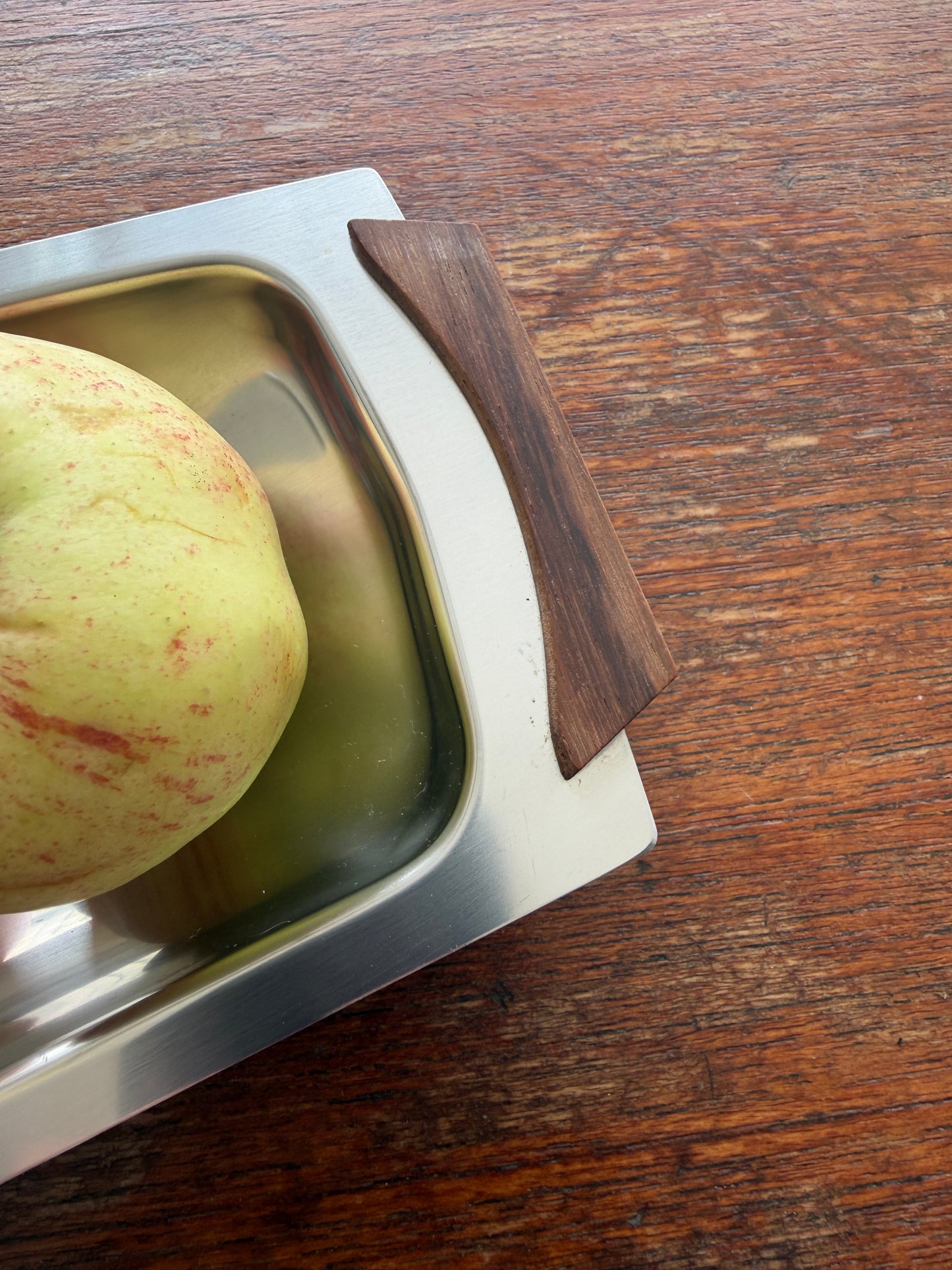 VINTAGE DANISH STAINLESS STEEL & WOOD SERVING TRAY