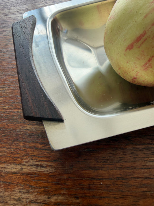 VINTAGE DANISH STAINLESS STEEL & WOOD SERVING TRAY
