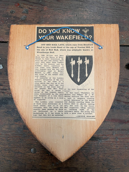 VINTAGE WOODEN SHIELD HAND PAINTED PLAQUE - LOWDEN