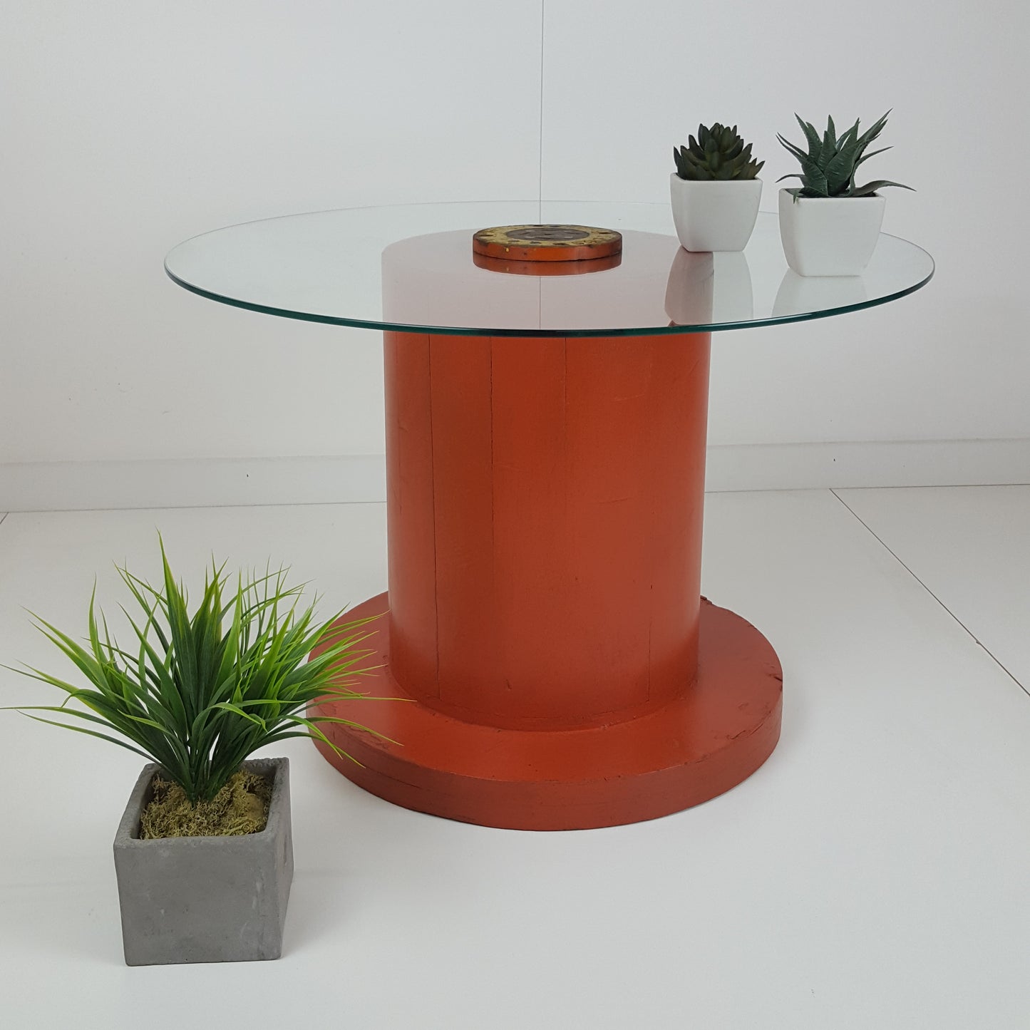 BESPOKE FOUNDRY WHEEL GLASS TOPPED COFFEE TABLE