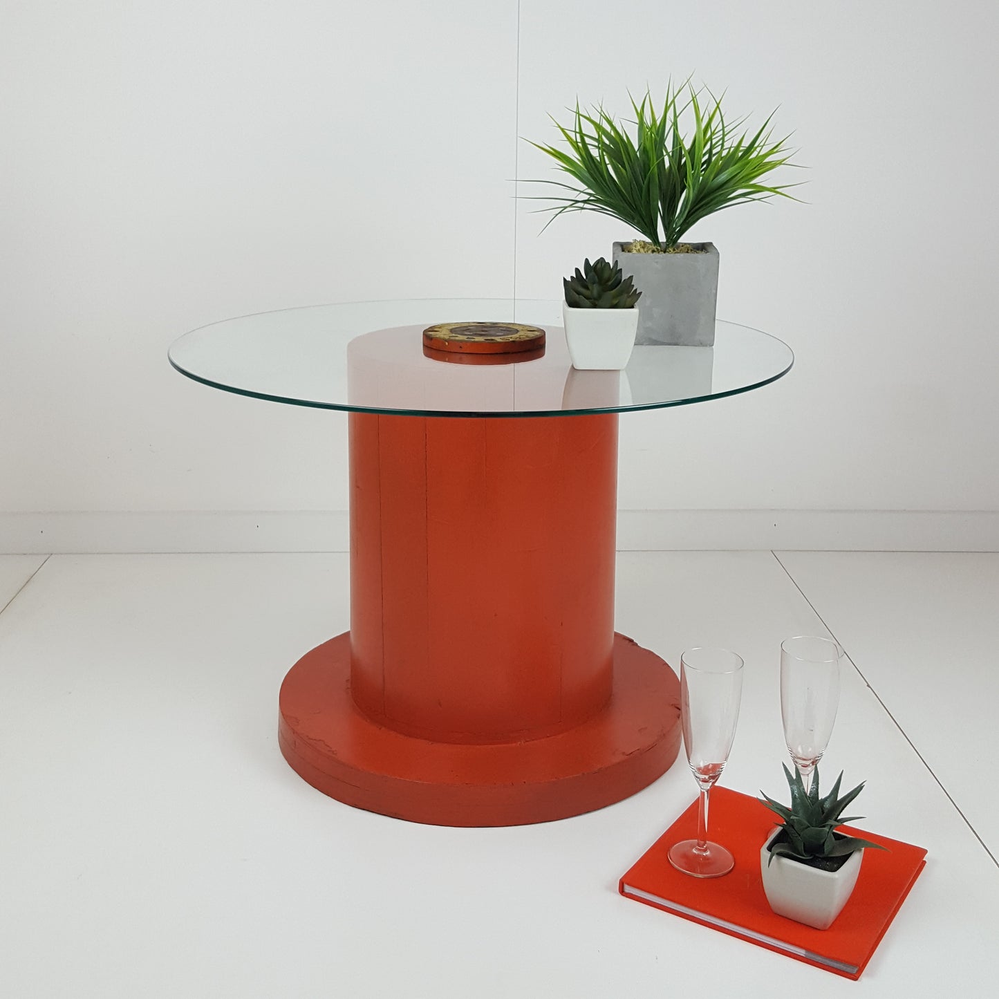 BESPOKE FOUNDRY WHEEL GLASS TOPPED COFFEE TABLE